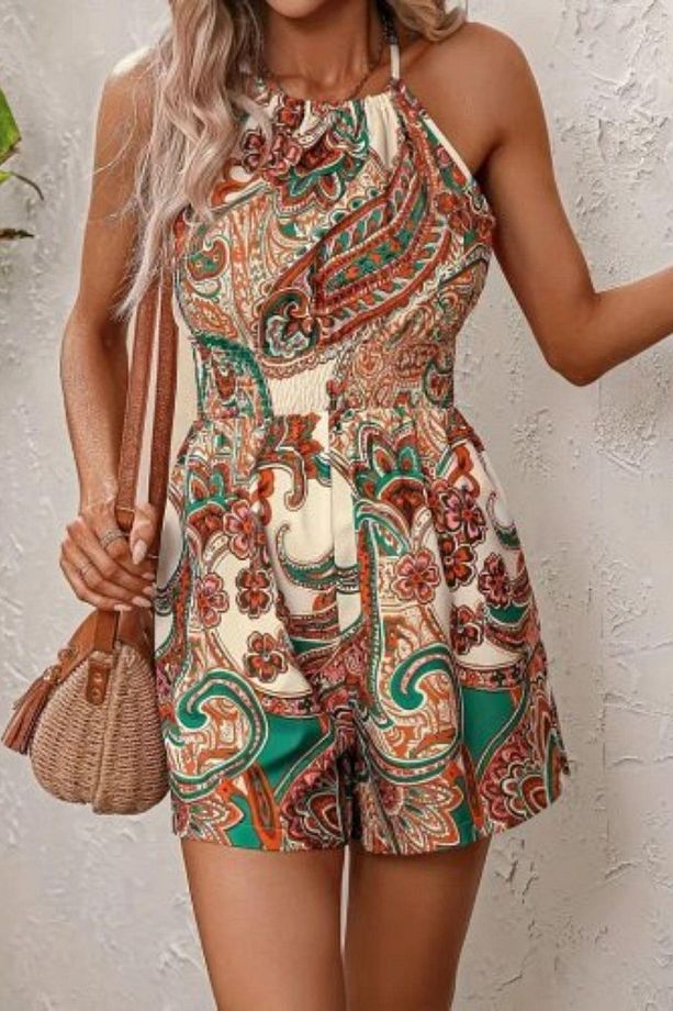 Halter Yaka Beli Lastikli Desenli Şort Tulum - Sarı - 2