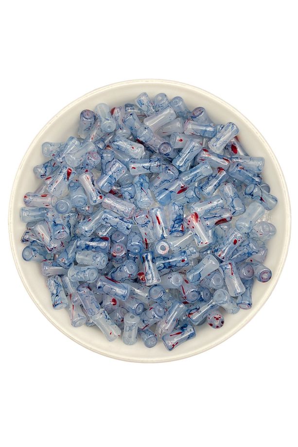 50gr Cam Çubuk Kemik Silindir Model Mavi Kırmızı Ebruli Boncuk Takı,Hobi, Boncuğu (50gr, ~70 adet) - 1