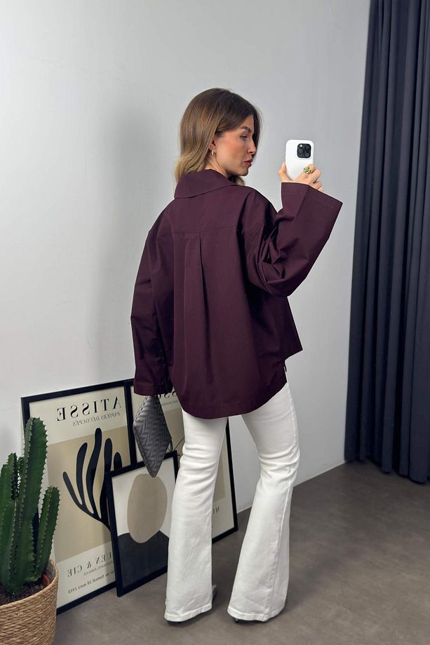 Mürdüm Geniş Manşet Oversize Gömlek - 4952 - 4