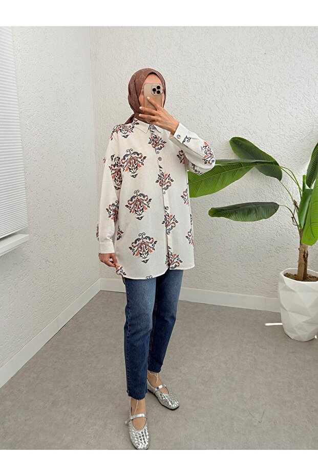 Buttoned Patterned Oversize Linen Tunic - 2