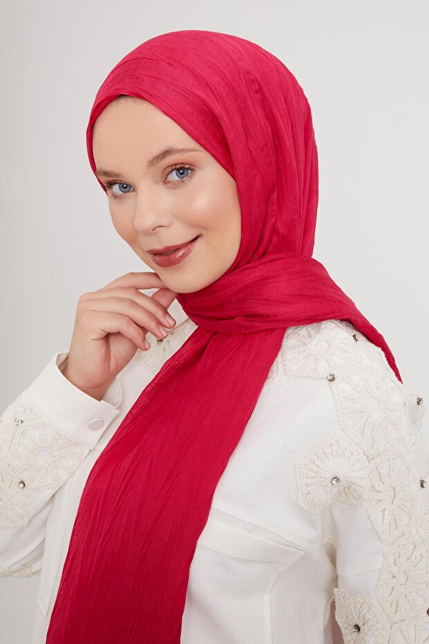 Fuşya Pliseli Pamuklu Şal - 3