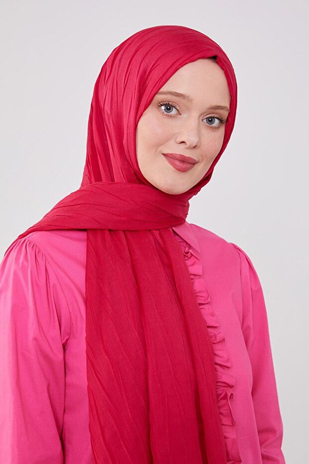 Fuşya Pliseli Pamuklu Şal - 1
