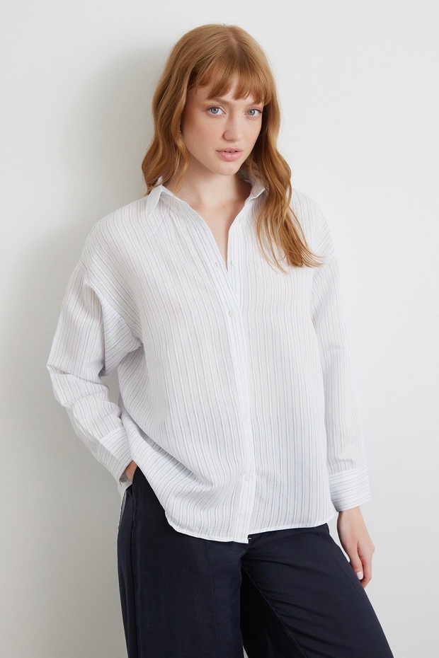 Simetrik Çizgili Gömlek Mavi - 1