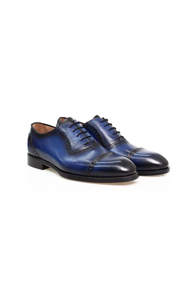 Cobalt Color Lace up Khaki Leather Men's Shoes