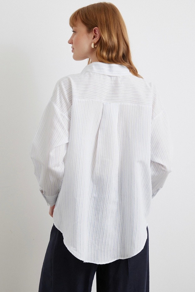 Simetrik Çizgili Gömlek Mavi - 6