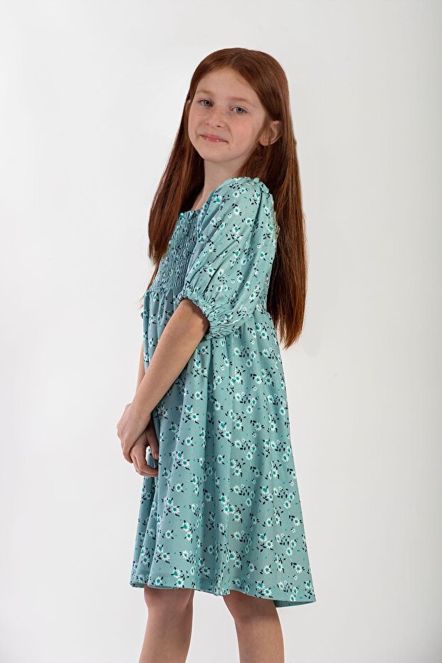 Gogsu Gıpelı Patterned Cagla Green Color Girl's Dress