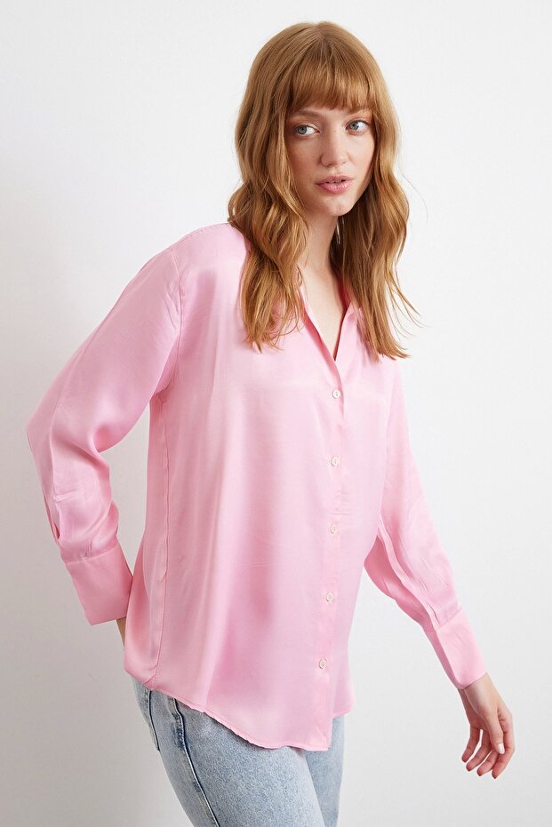 Viskon Saten Gömlek Pembe - 3