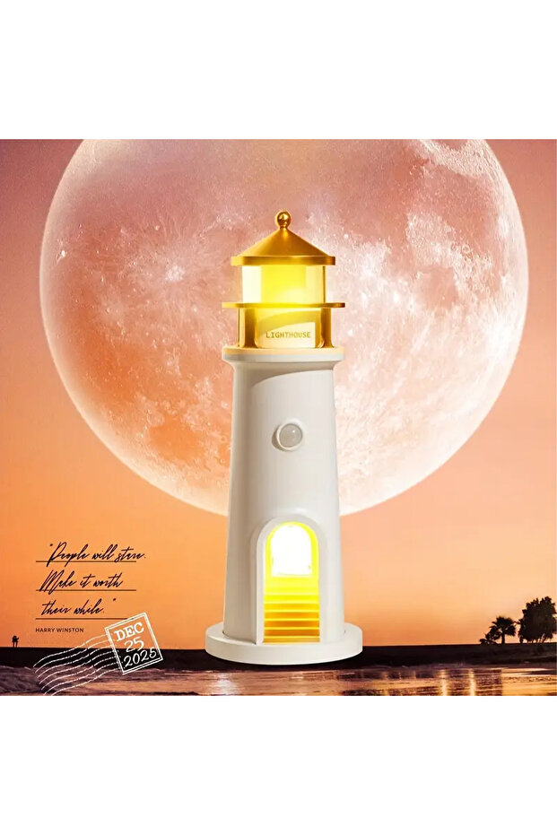 Deniz Feneri Gece Lambası Ay Yansıtmalı Hoparlörlü Şarj Edilebilir LED Estetik Masa Lambası - 1