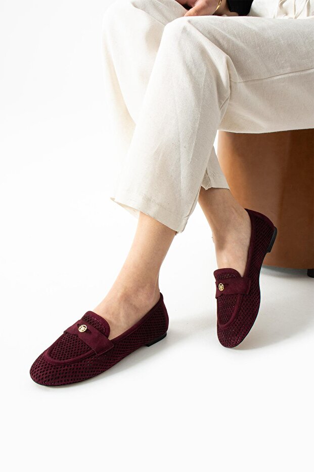 Women's Genuine Leather Ballerinas Claret Red