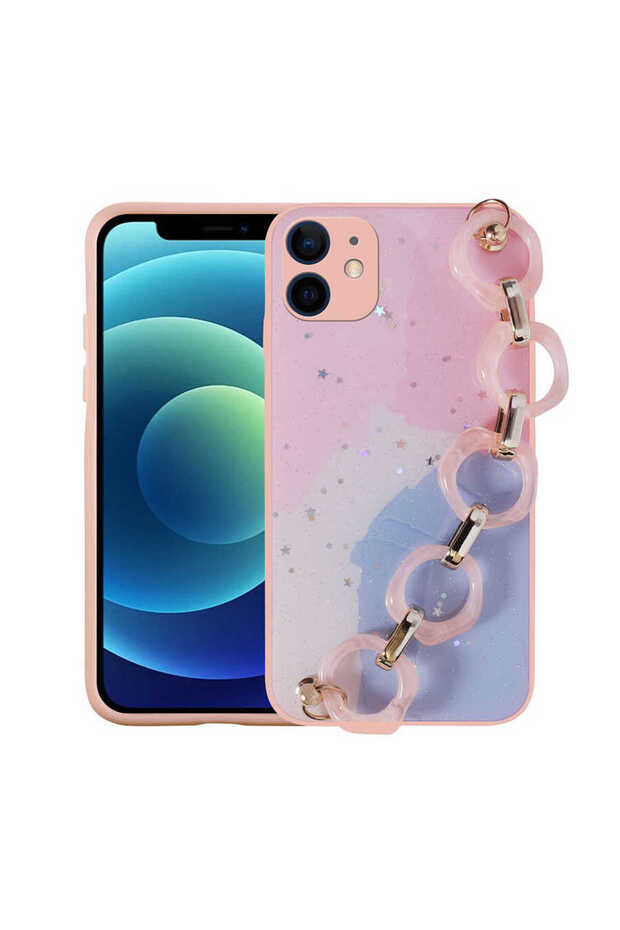 iPhone 11 Compatible Glitter Patterned Hand Strap Holder Sys Elsa Silicone Case-Pink