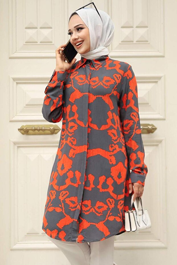 تونيك حجاب منقوش 11685KRMT - 2