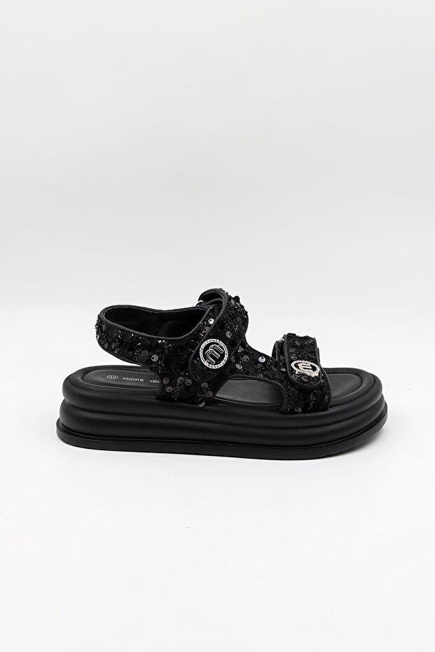 İthal Kadın Taşlı Pullu Sandalet KB0100 Siyah - 1