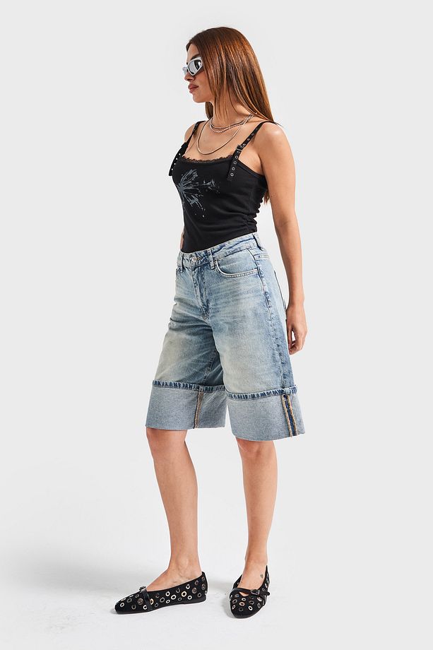 Kadın T.Kot Rengi 4s5-75 Paça Detaylı Maxi Boy %100 Koton Denim Bermuda Şort - 4
