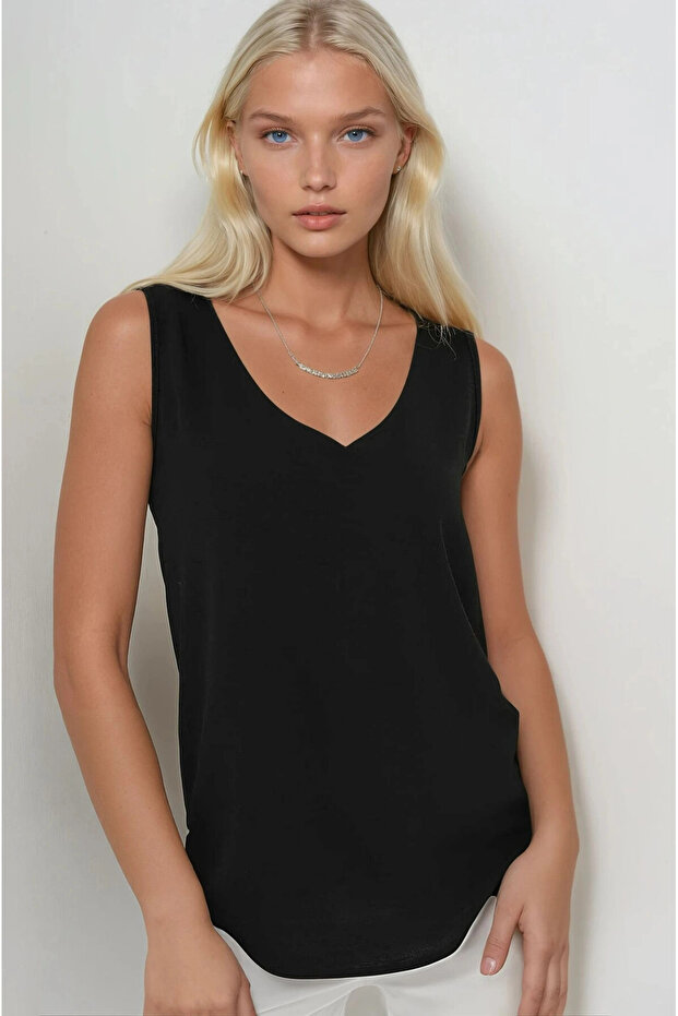 Women's Black V-Neck Zero Sleeve Blouse Hzl25S-Bd19501