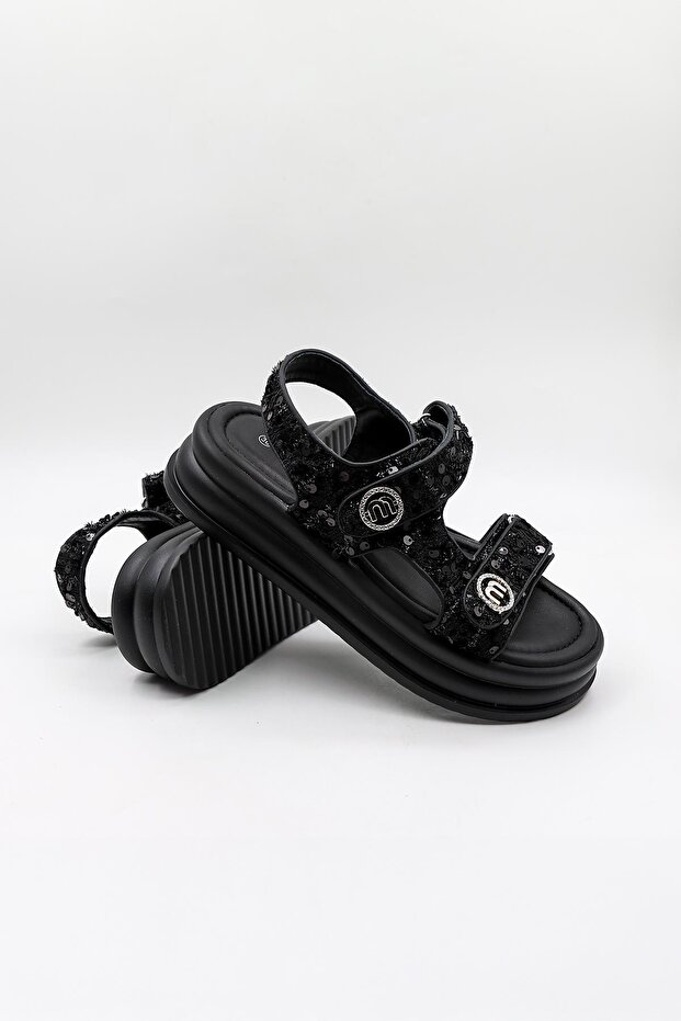 İthal Kadın Taşlı Pullu Sandalet KB0100 Siyah - 3