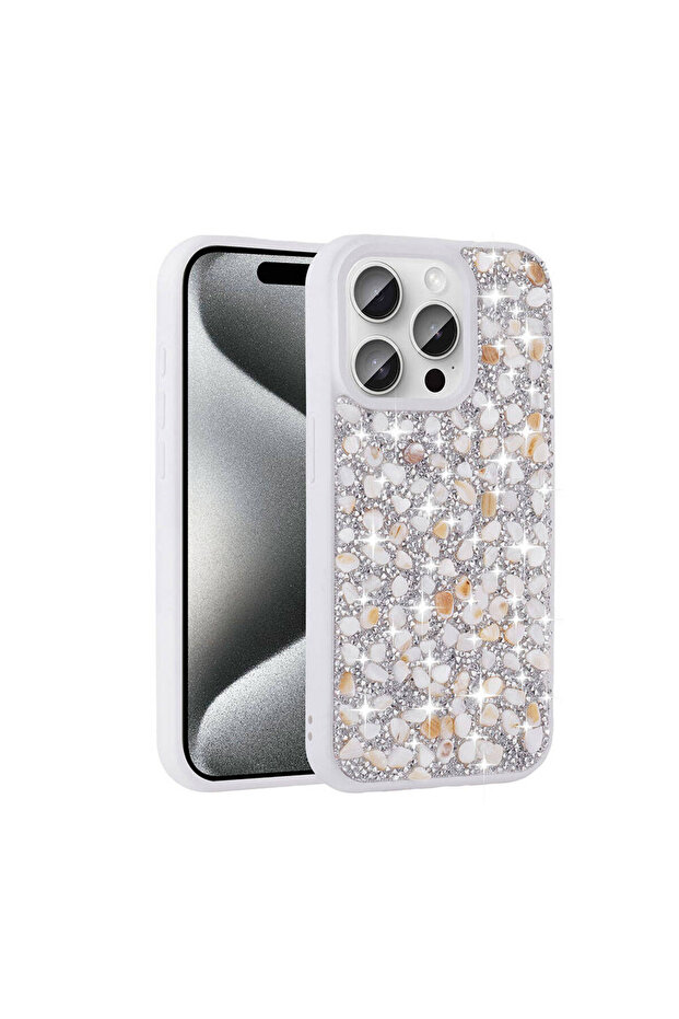 iPhone 15 Pro Compatible Shiny Stone Design Sys Linea Case-White - 1