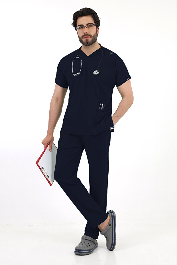 Navy Blue Lycra Dr Greys V-Neck Bat Sleeve Doctor Nurse Uniform Set, Plus Size Men's Scrubs