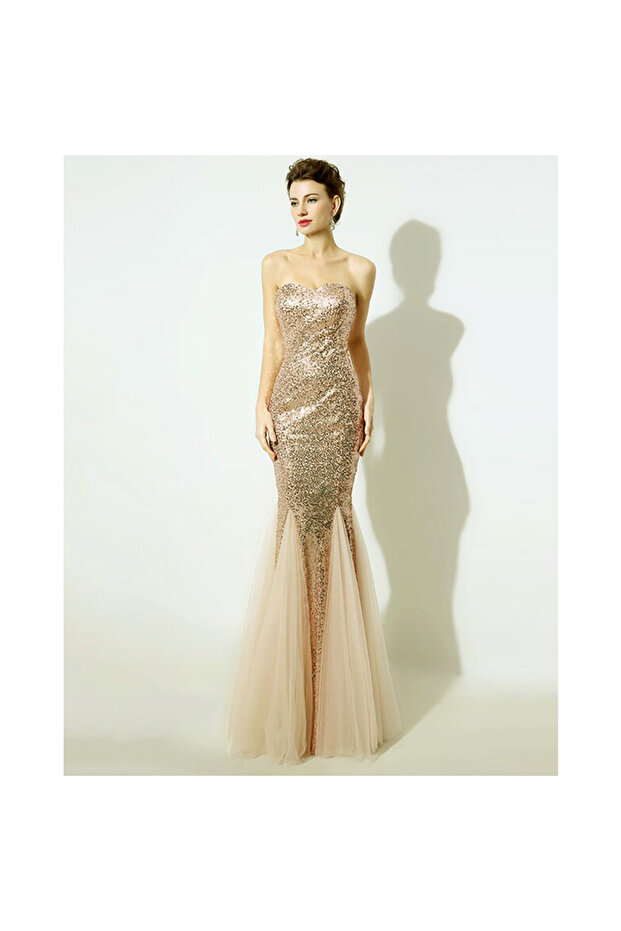 Rochie lunga sirena din paiete aurii