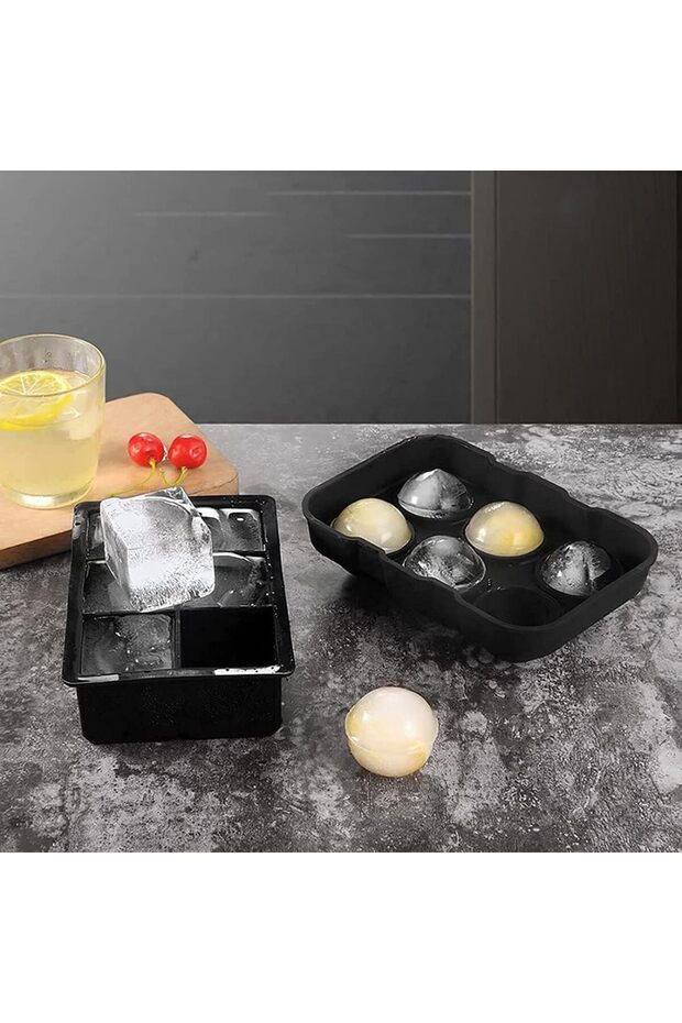 Set of 2 ice molds with lid, round and square, silicone, 6 cubes each, different sizes - 8