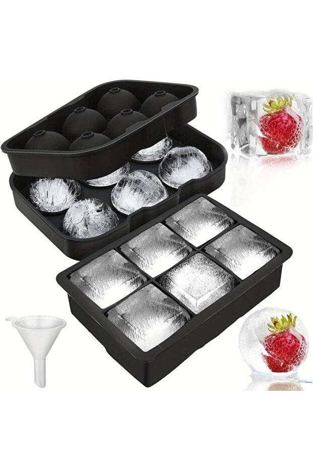 Set of 2 ice molds with lid, round and square, silicone, 6 cubes each, different sizes - 12