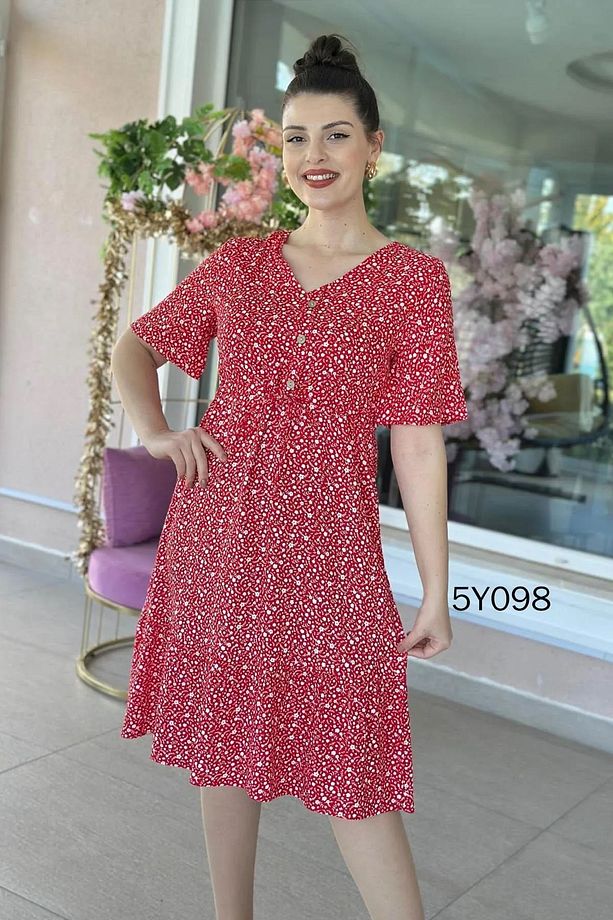 Kadın V Yaka Düğmeli Yazlık Dokuma Midi Elbise 4C-2330 - 1