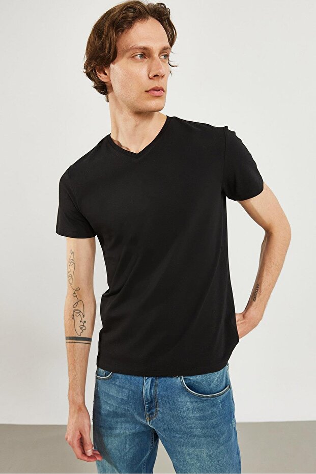 Erkek Nick Siyah V Yaka Slim Fit Basic Tişört - 3