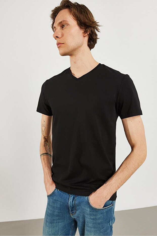 Erkek Nick Siyah V Yaka Slim Fit Basic Tişört - 4