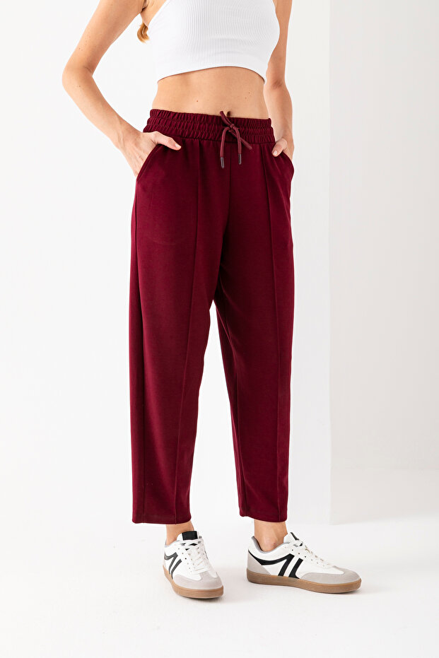 Women's Burgundy High Waist Pocket Modal Fabric Ribbed Front Balloon Shape Pants