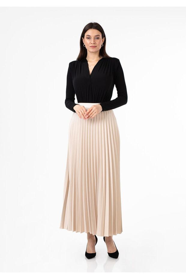Stone Color Maxi Length Elastic Waist Pleated Skirt