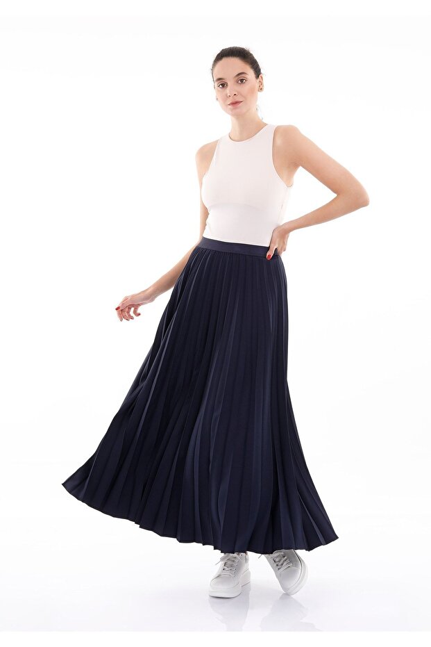 Navy Blue Maxi Length Elastic Waist Pleated Skirt