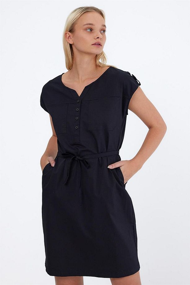 Riva Önü Düğmeli Regular Fit Gabardin Elbise - Siyah - 5