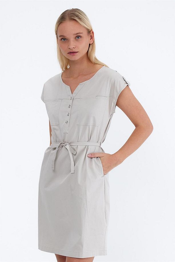 Riva Önü Düğmeli Regular Fit Gabardin Elbise - Taş - 3