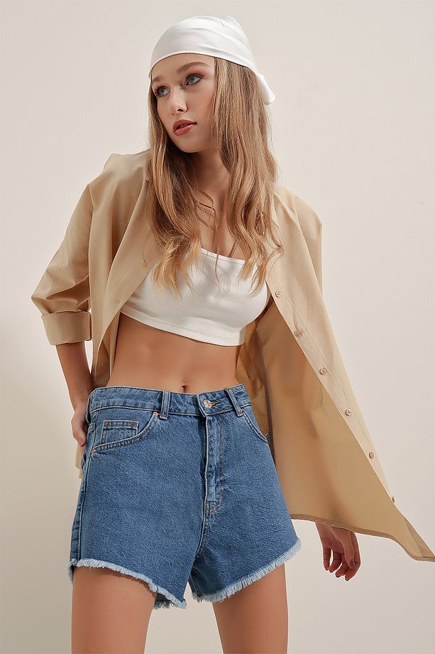 3900 Oversize Uzun Basic Gömlek - Bej - 5