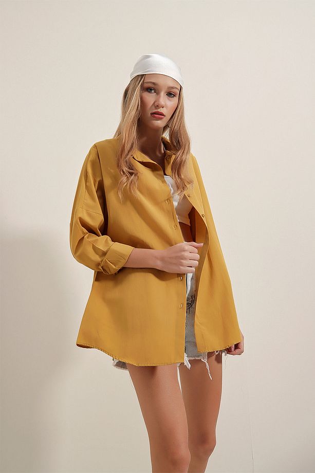 3900 Oversize Uzun Basic Gömlek - Hardal - 5