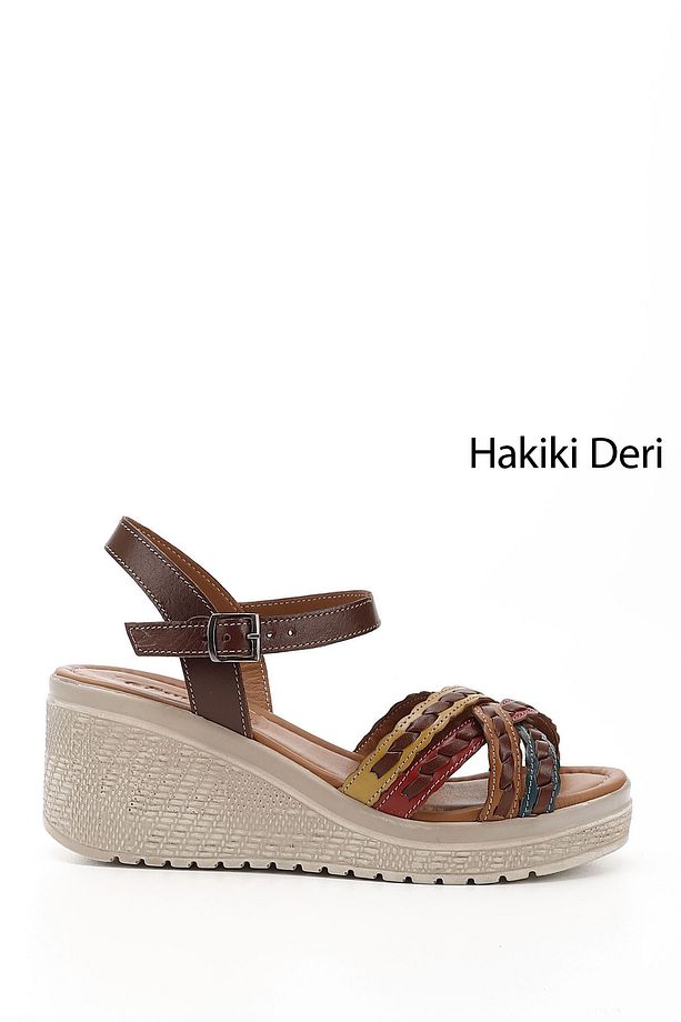 Kadın / Kız Kahveye Sarı Bilek Bağlı Dolgu Taban Hakiki Deri Sandalet - 1