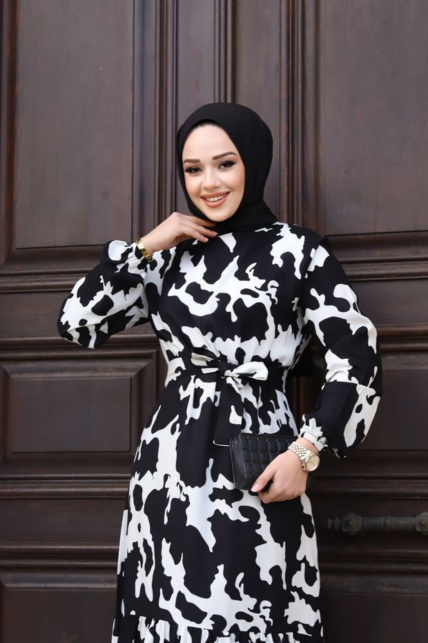 WOMEN'S SUMMER MODEST BELTED WOVEN VISCOSE FABRIC ELEGANT DRESS
