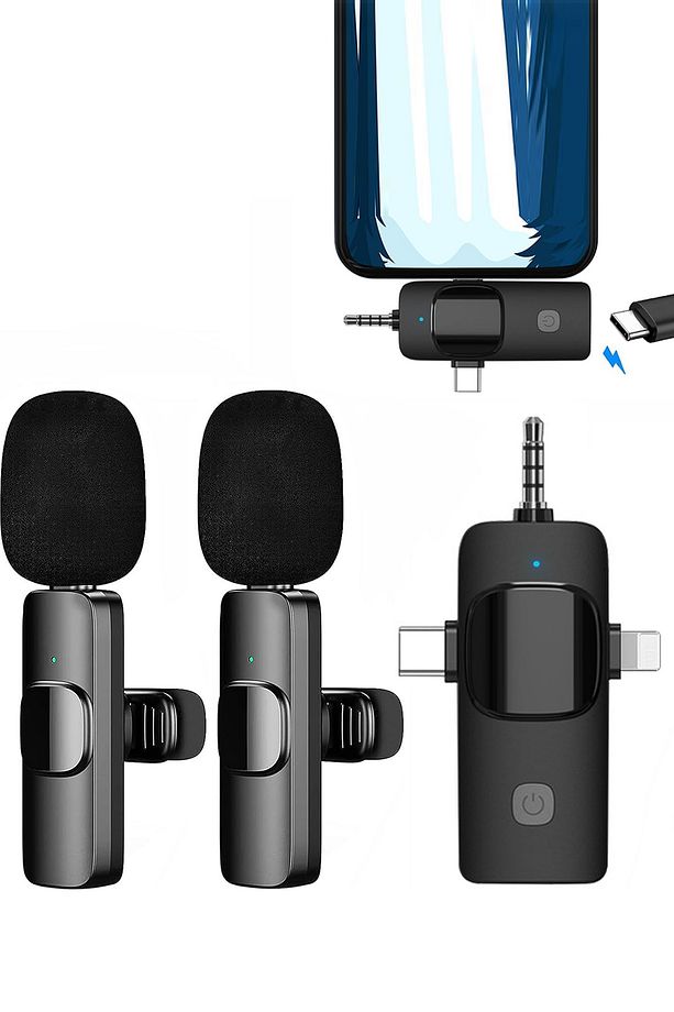 2'li Kablosuz Yaka Mikrofonu Type-C iPhone Girişli Telefon Uyumlu Wireless Mikrofon Canlı Yayın - 2
