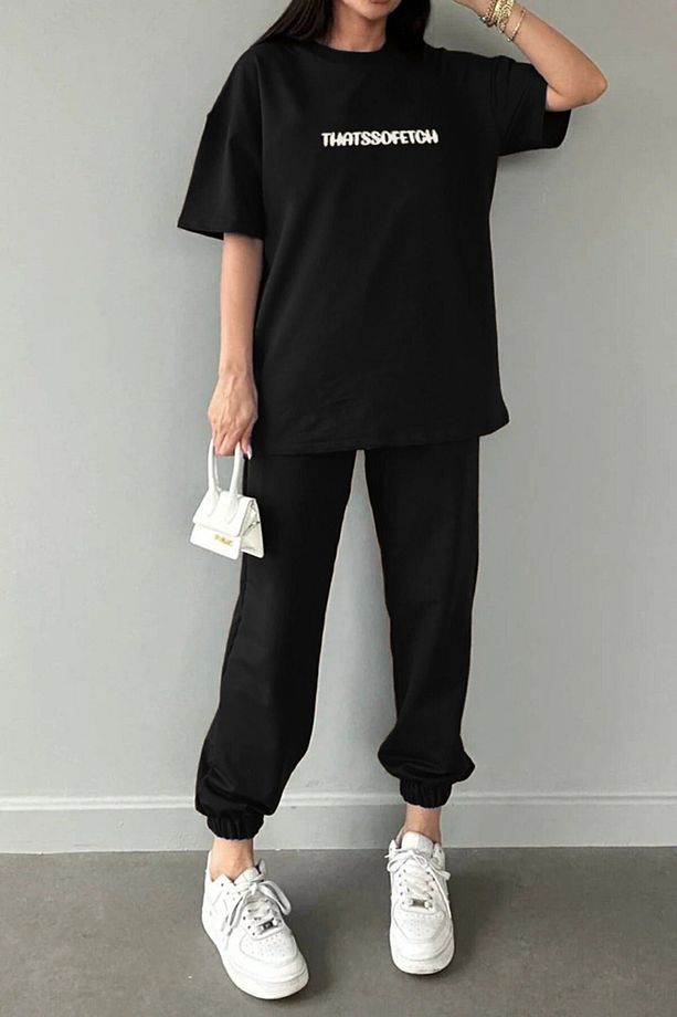 Thatssofetch T-shirt Eşofman Altı Jogger - Siyah Baskı Alt Üst Eşofman Takımı Oversize Bisiklet Yak - 2