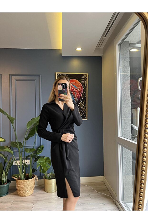 Kruvaze Yaka Yırtmaçlı Elbise - 2