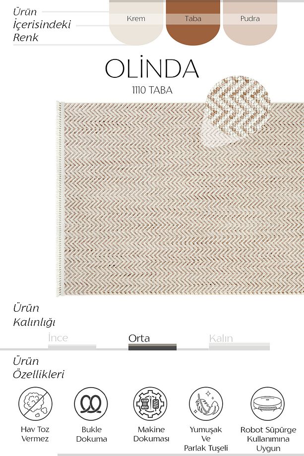 Olinda 1110 Taba Oturma Odası Salon Halısı Yumuşak İskandinav Halı Yolluk Bukle Dokuma Makine Halısı - 2
