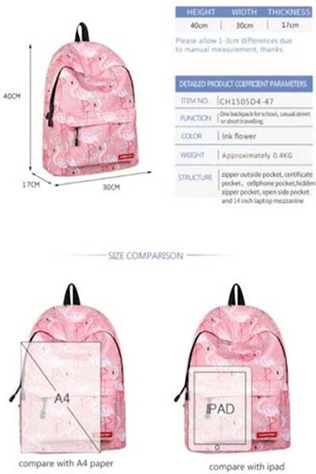 حقيبة ظهر مطبوعة بنقشة طائر الفلامنغو، وردي/أسود - 5