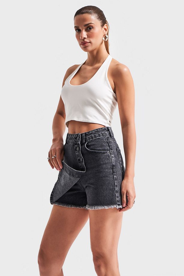 Kadın Gri Renk Önü Düğmeli Denim Şort Etek - 3