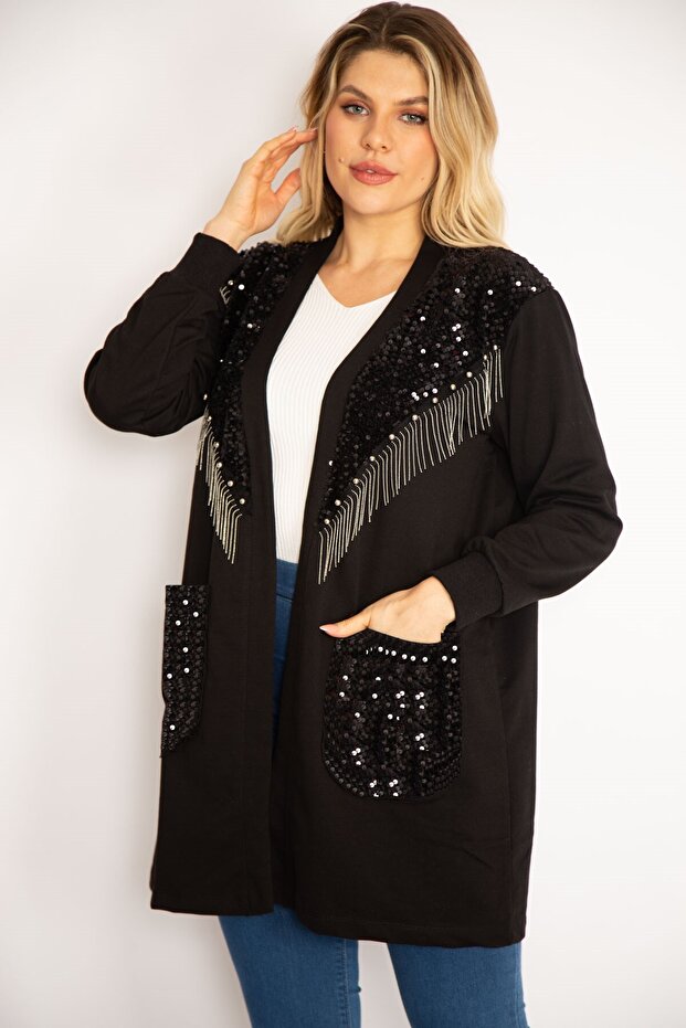 Women's Large Size Black Unlined Jacket with Sequins and Chain Accessories 65n35139 - 1