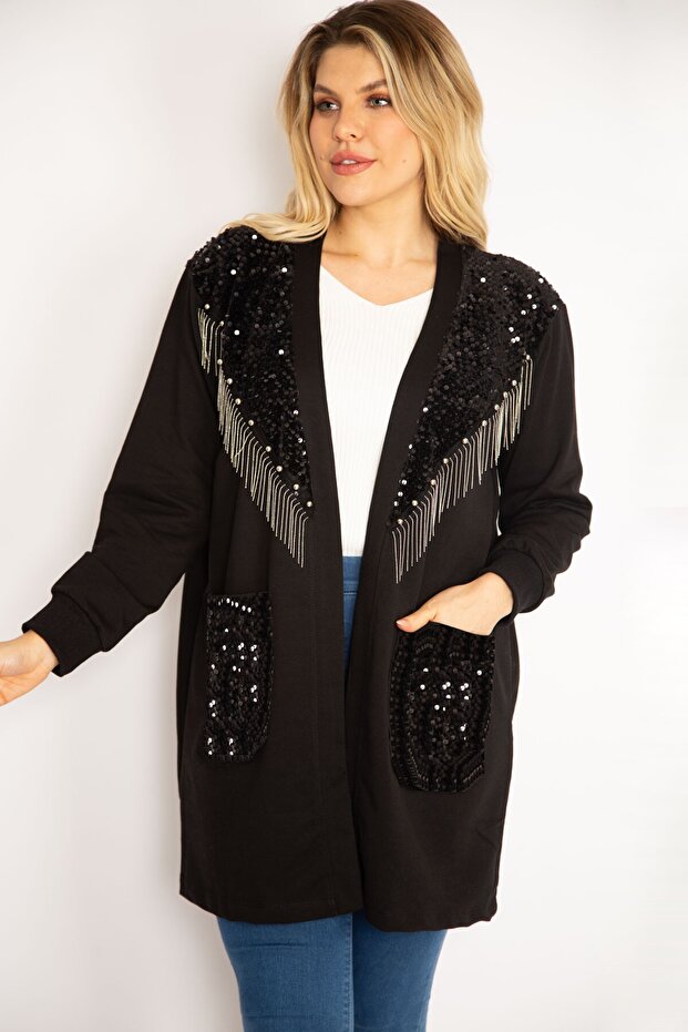 Women's Large Size Black Unlined Jacket with Sequins and Chain Accessories 65n35139 - 3
