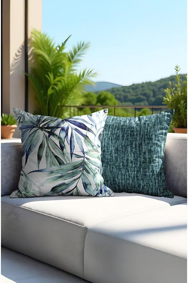 Blue Leaf Patterned Digital Printed Pillow Cover with Hidden Zipper