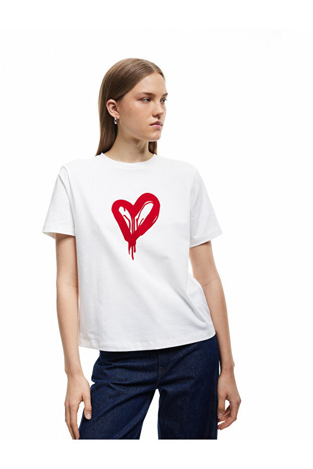 Cotton Short Sleeve Crew Neck Heart Printed T-Shirt