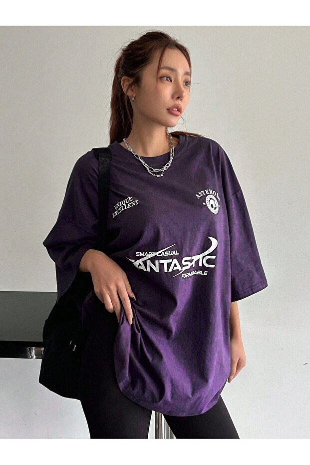 Fantastic Single Jersey T-Shirt - Purple Printed Oversize Crew Neck T-Shirt
