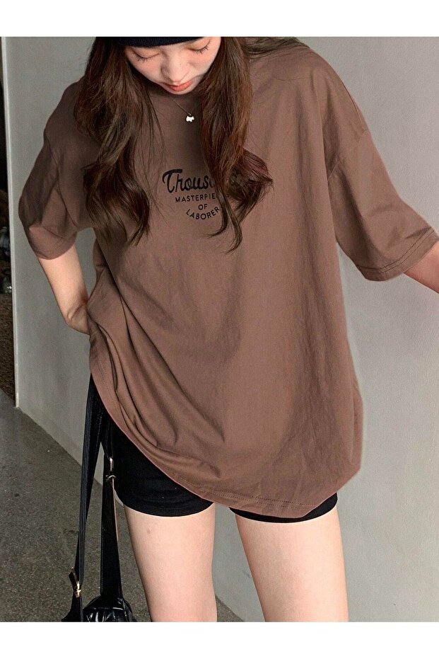 Thousand Single Jersey T-Shirt - Brown Printed Oversize Crew Neck Short Sleeve T-Shirt