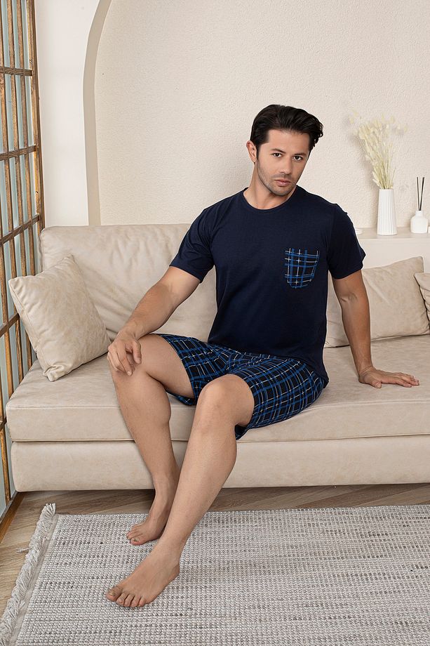 Erkek Penye Lacivert Ekoseli Kısa Kol Şortlu Pijama Takımı - 1