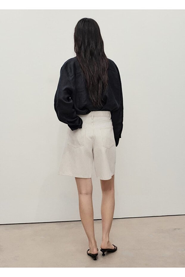 Çizgili denim bermuda şort - 4